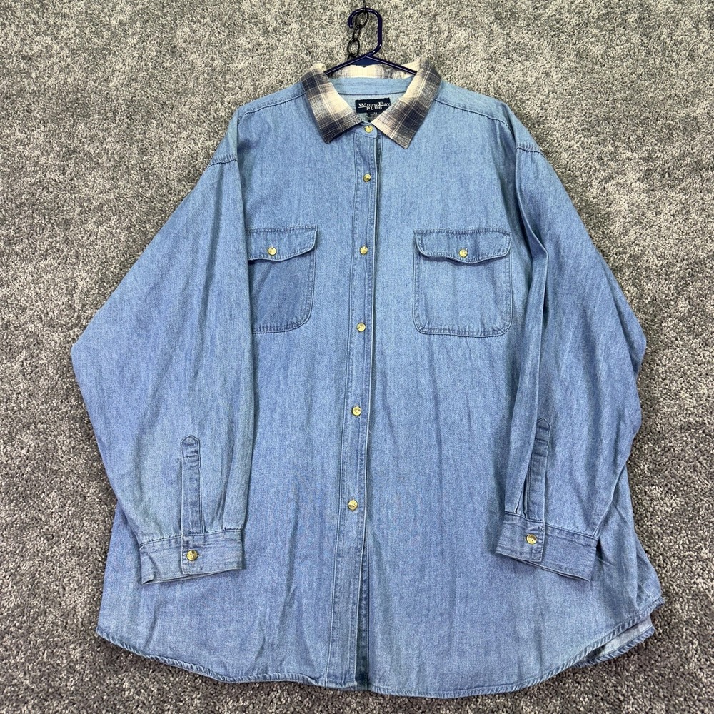 WillowBay Shirt Womens 24 Plus Blue Denim Button Up Plaid Collar Casual Workwear